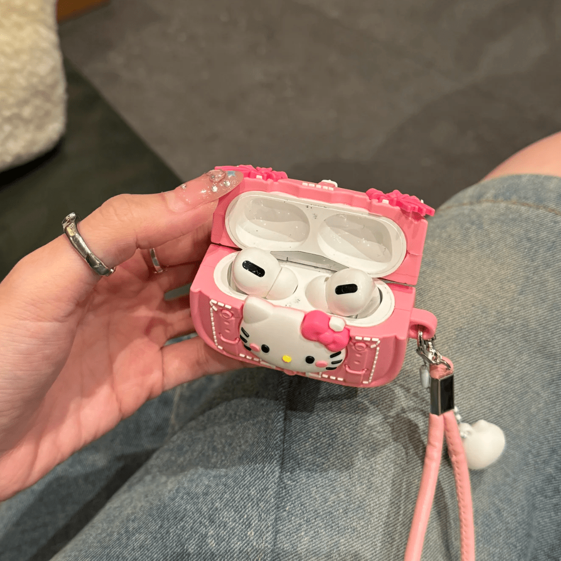 Pink Briefcas Kitty AirPods Earphone Case With Lanyard