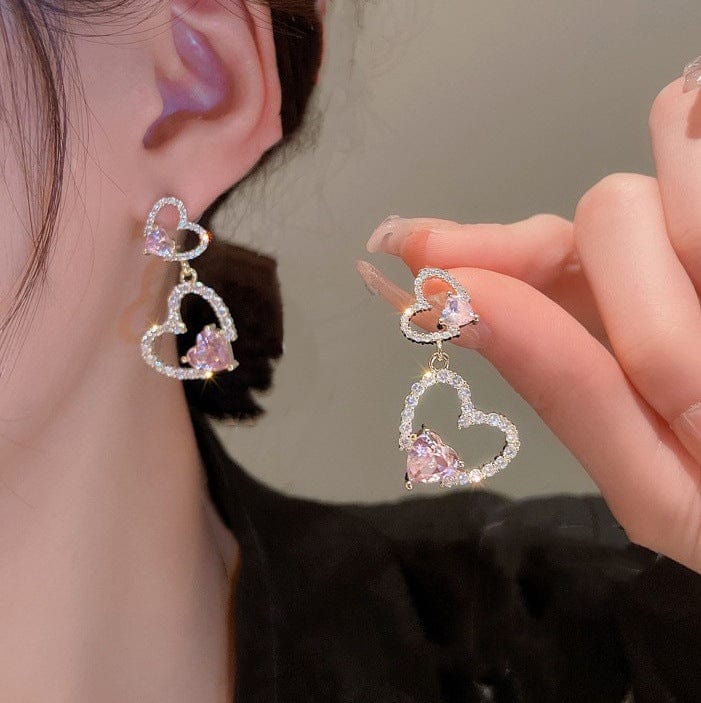 Boucles d'oreilles coeur en cristal rose