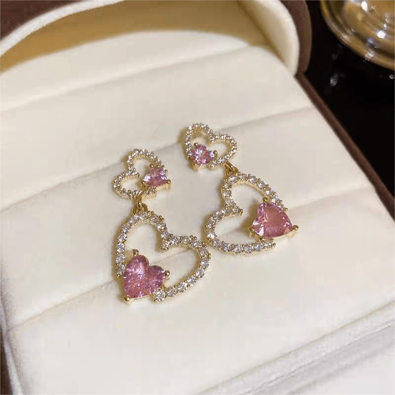 Boucles d'oreilles coeur en cristal rose