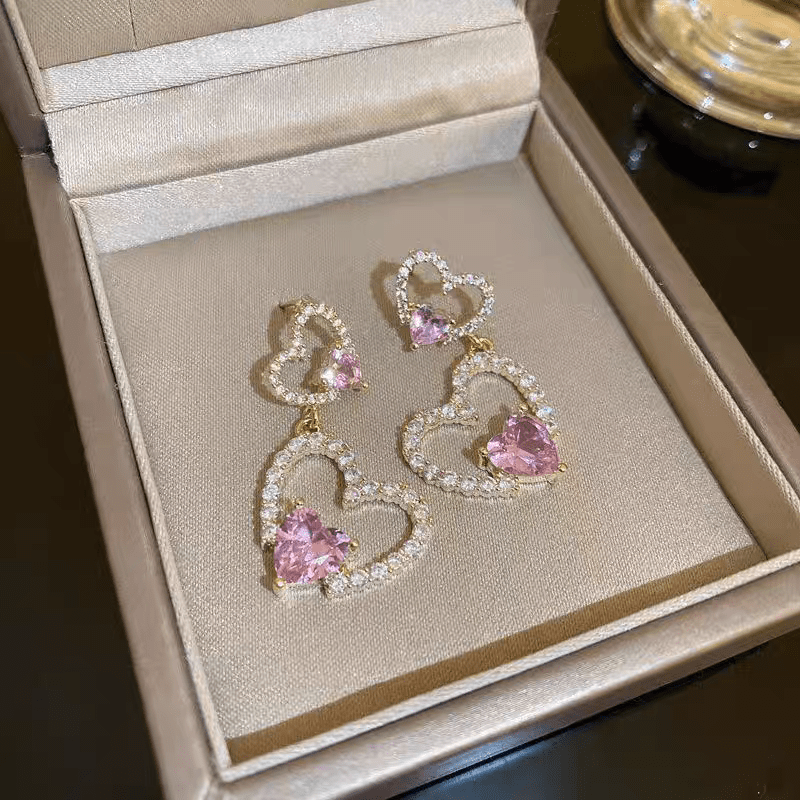 Boucles d'oreilles coeur en cristal rose