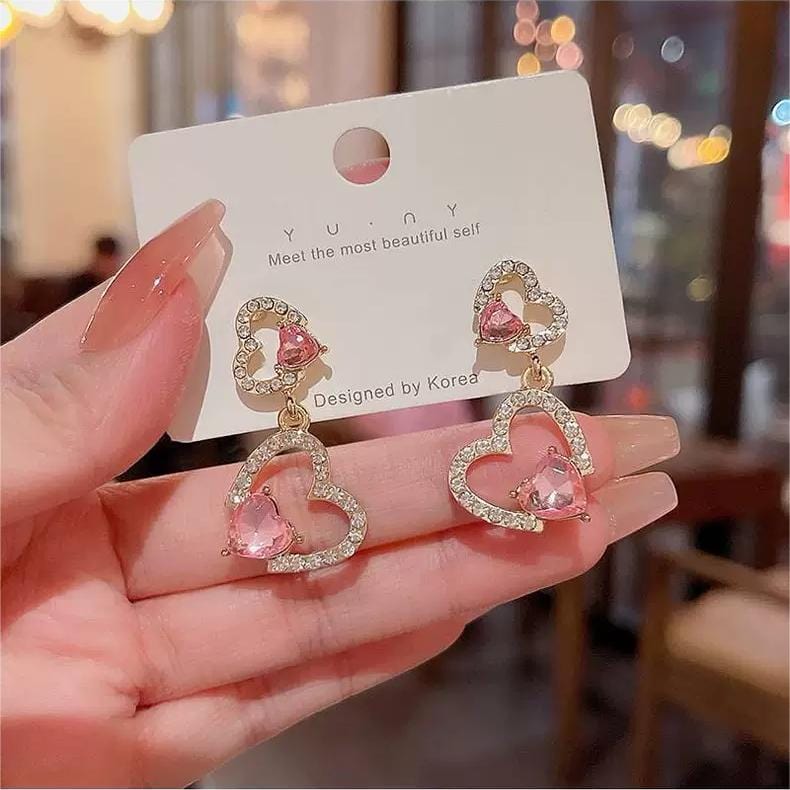 Boucles d'oreilles coeur en cristal rose