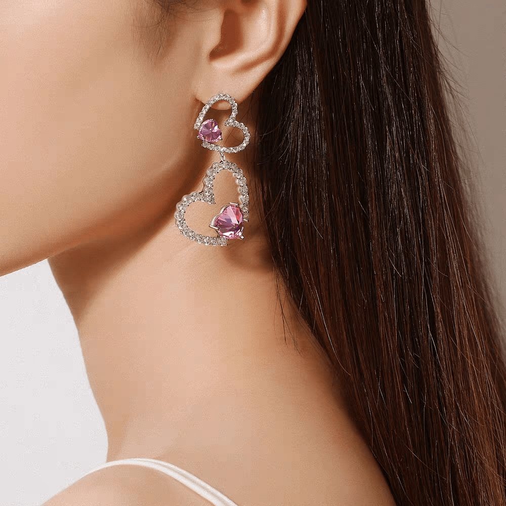 Boucles d'oreilles coeur en cristal rose