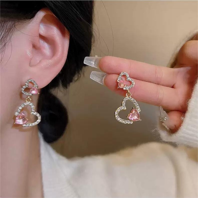 Boucles d'oreilles coeur en cristal rose