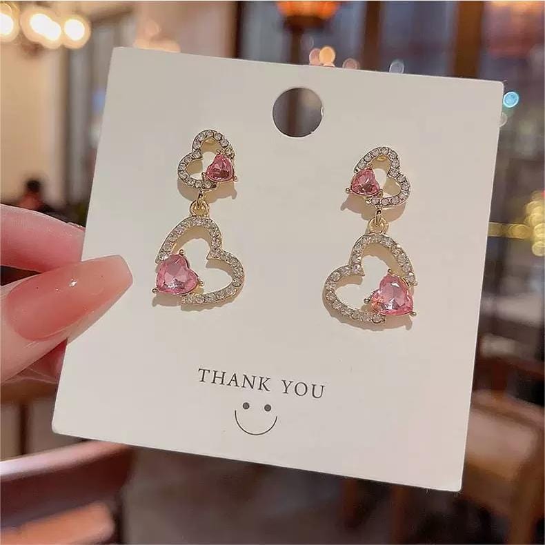 Boucles d'oreilles coeur en cristal rose