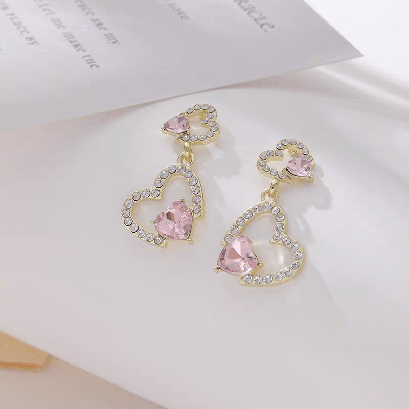 Boucles d'oreilles coeur en cristal rose
