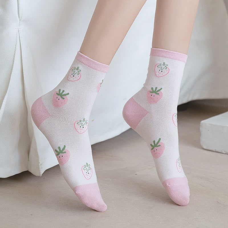 Pink strawberry cotton socks - berries - fruit - fruity - kawaii - socks