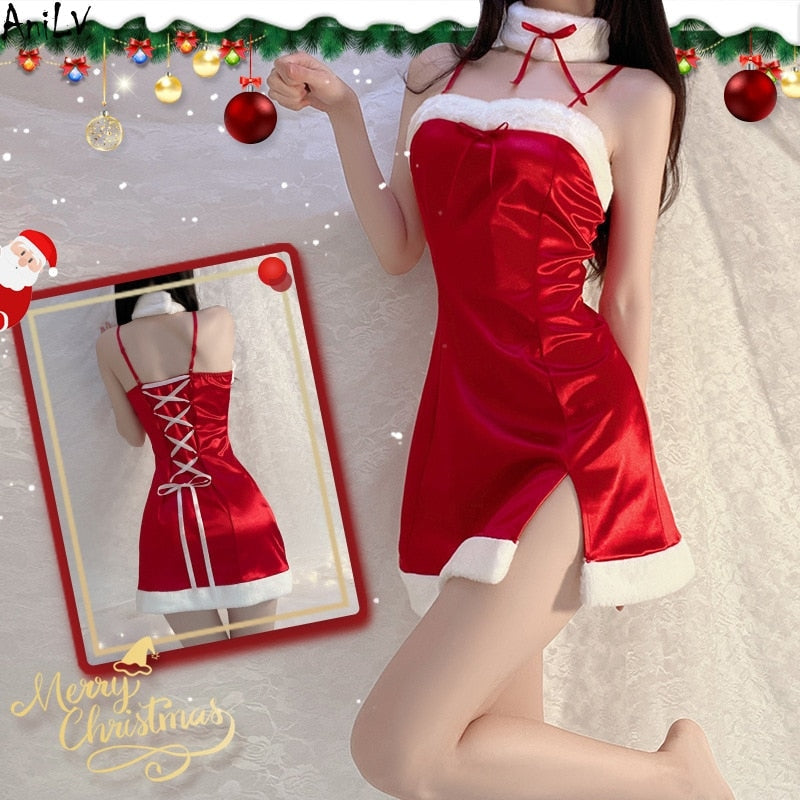 Satin Santa Slip Dress - dresses, festive, holiday, holidays, santa