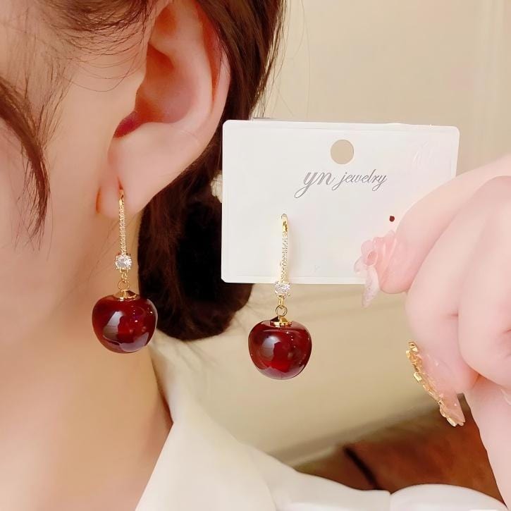 Stylish Red Cherry Dangle Inliad Earrings