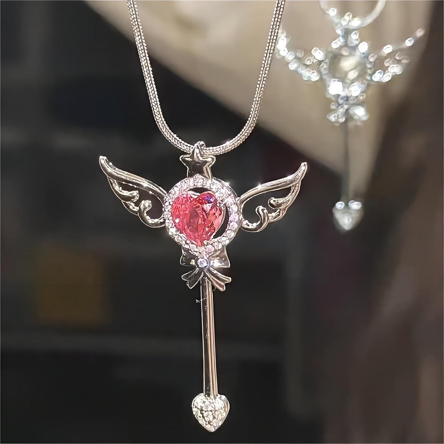 Sweet Pink Heart Magic Wand Necklace