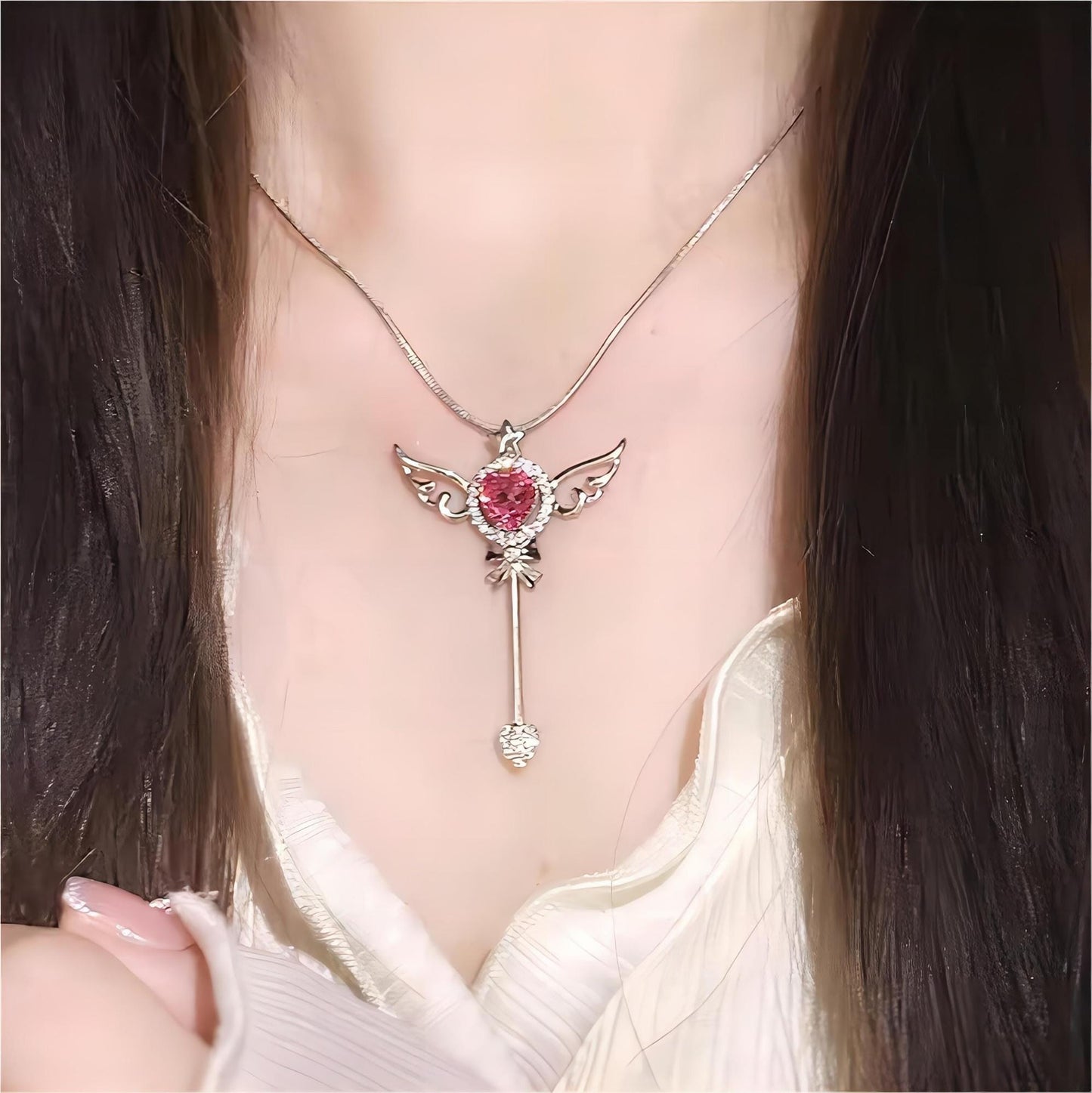 Sweet Pink Heart Magic Wand Necklace