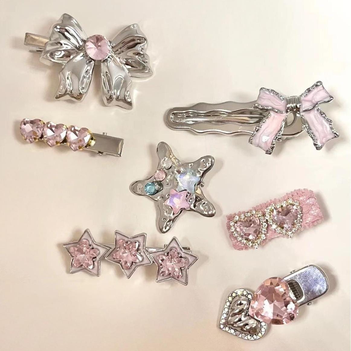 Enamel Crystal Clips Bowknot Set Hair Sweet Heart Star Inlaid