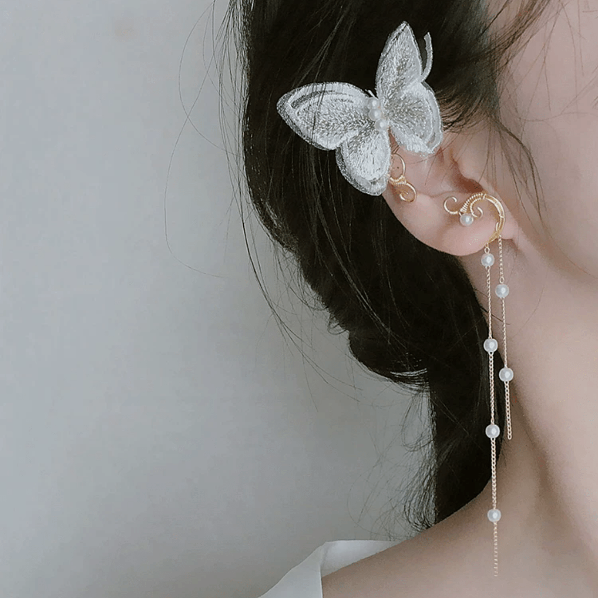 Sweet Butterfly Pearl Chain Tassel Elf Ear Cuff Wrap Earring