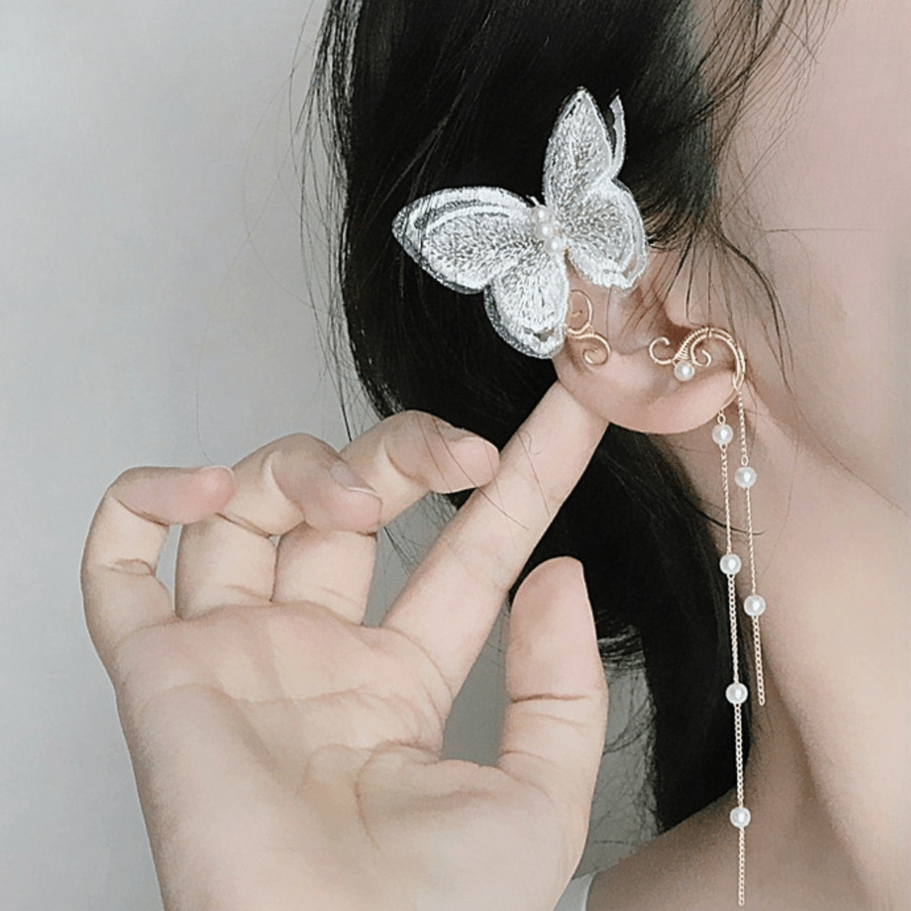 Sweet Butterfly Pearl Chain Tassel Elf Ear Cuff Wrap Earring