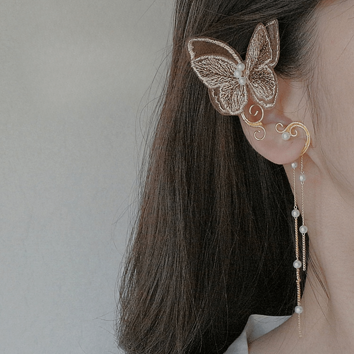 Sweet Butterfly Pearl Chain Tassel Elf Ear Cuff Wrap Earring