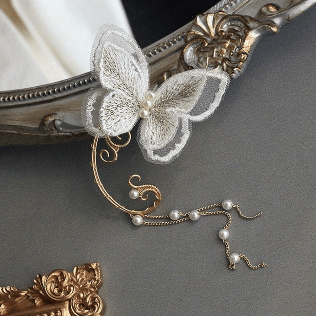 Sweet Butterfly Pearl Chain Tassel Elf Ear Cuff Wrap Earring