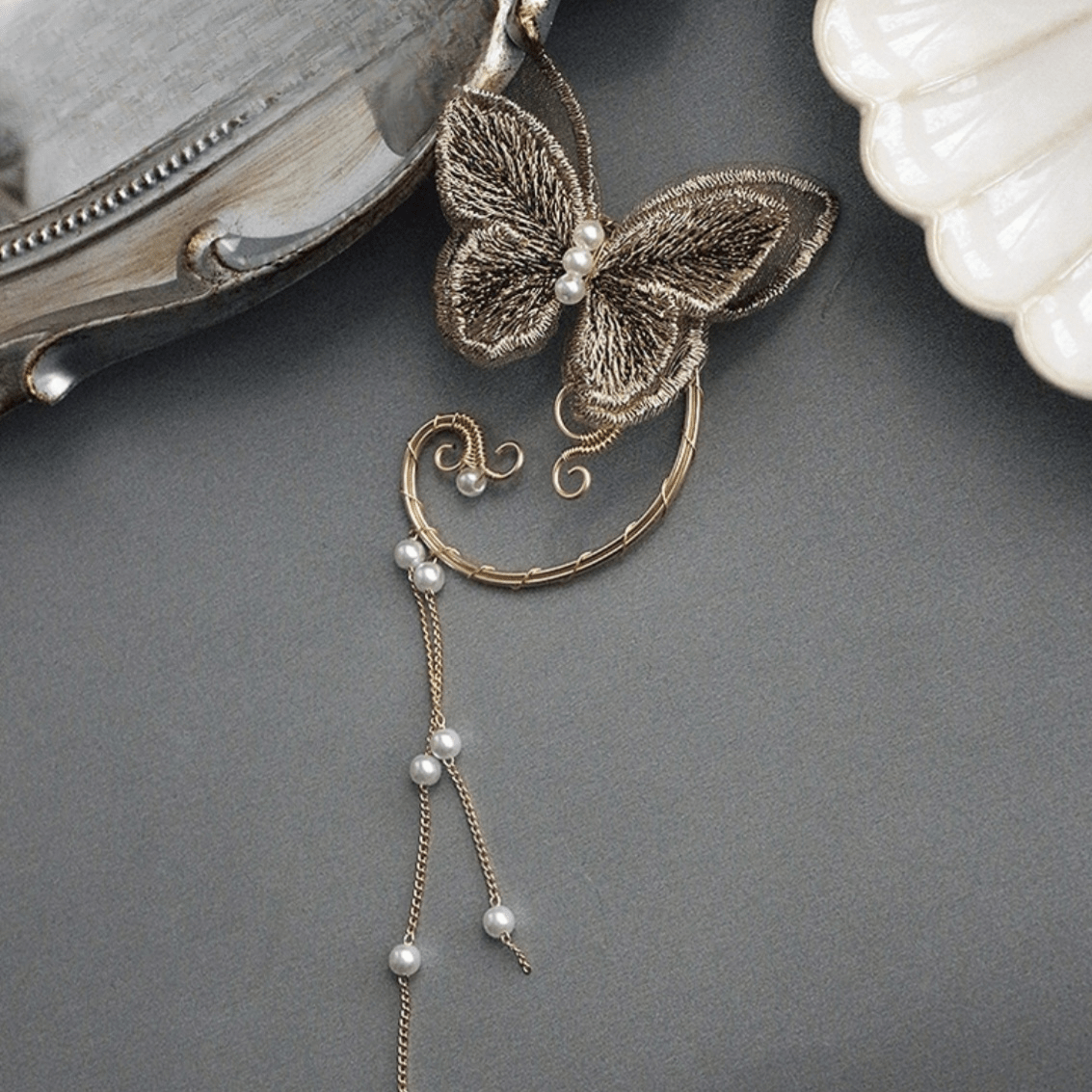 Sweet Butterfly Pearl Chain Tassel Elf Ear Cuff Wrap Earring