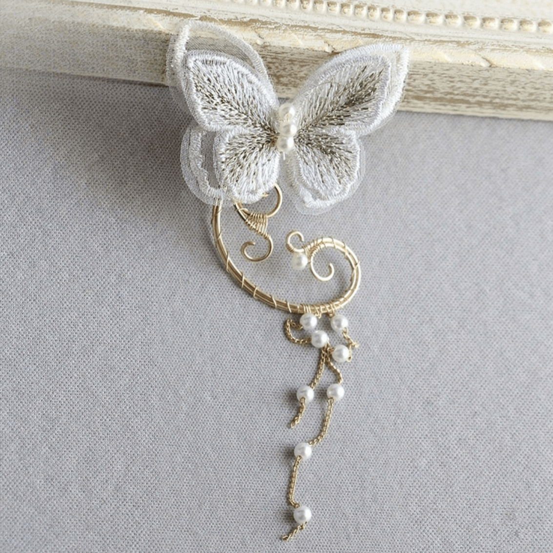 Sweet Butterfly Pearl Chain Tassel Elf Ear Cuff Wrap Earring