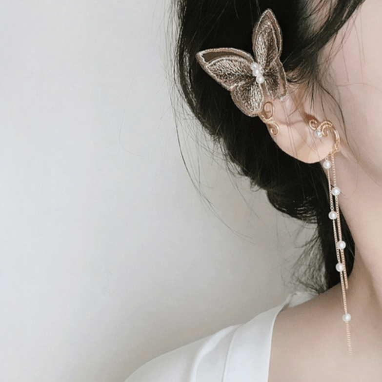 Sweet Butterfly Pearl Chain Tassel Elf Ear Cuff Wrap Earring