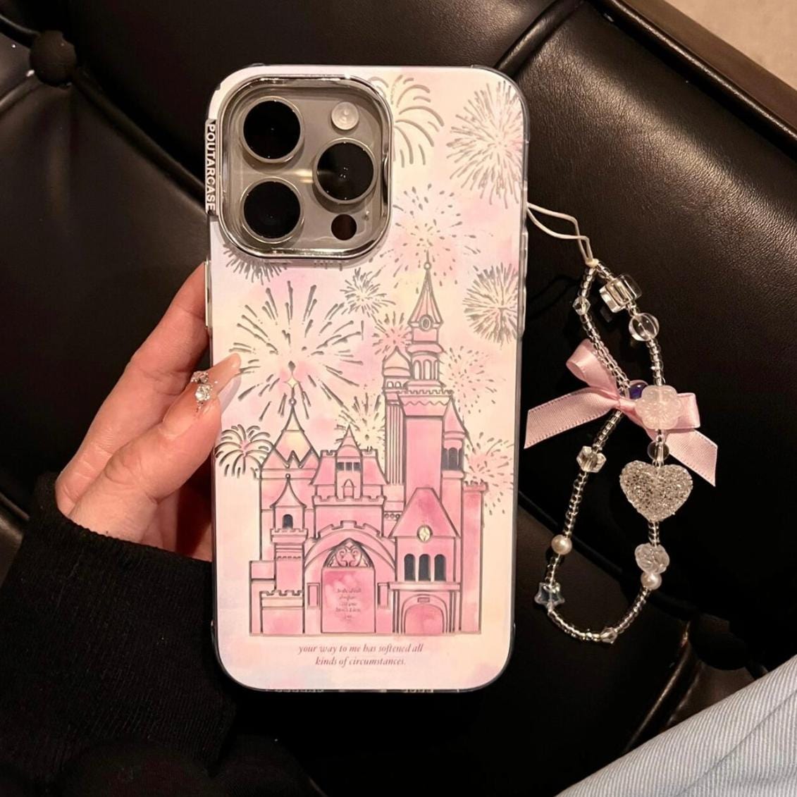 Coque iPhone Château Feu d'artifice dégradé rose