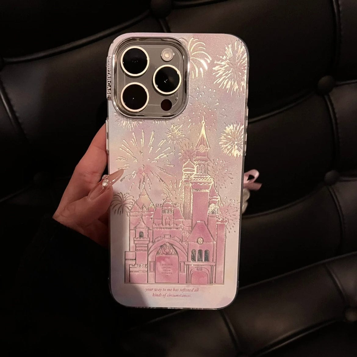 Coque iPhone Château Feu d'artifice dégradé rose
