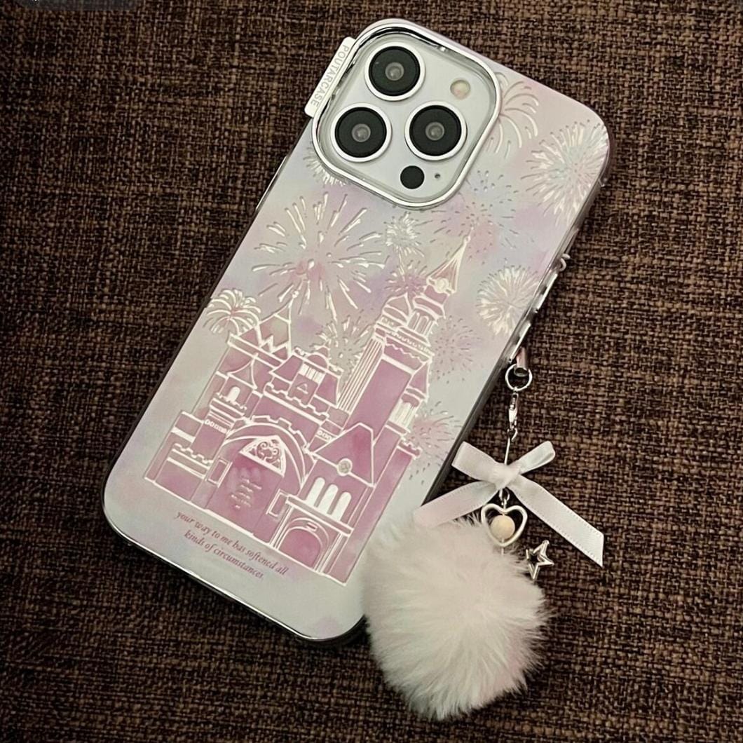 Coque iPhone Château Feu d'artifice dégradé rose