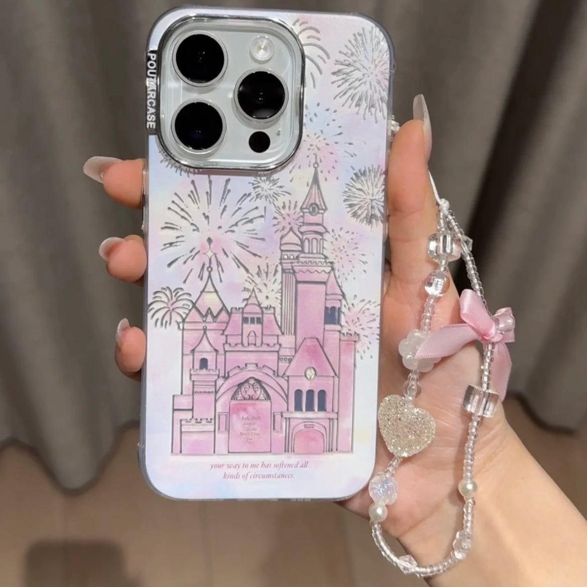 Coque iPhone Château Feu d'artifice dégradé rose