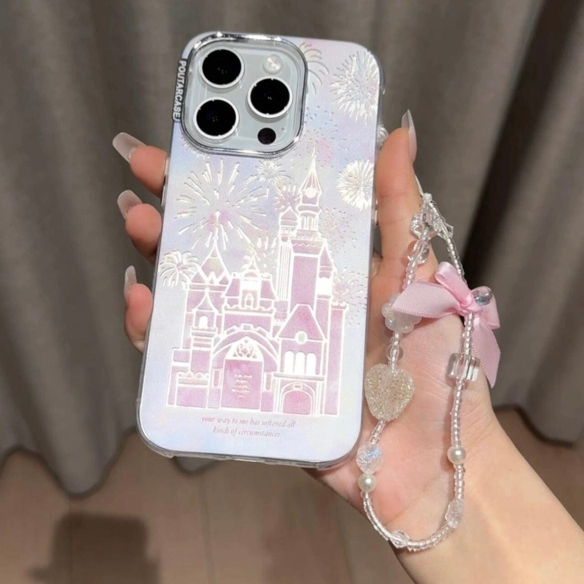 Coque iPhone Château Feu d'artifice dégradé rose