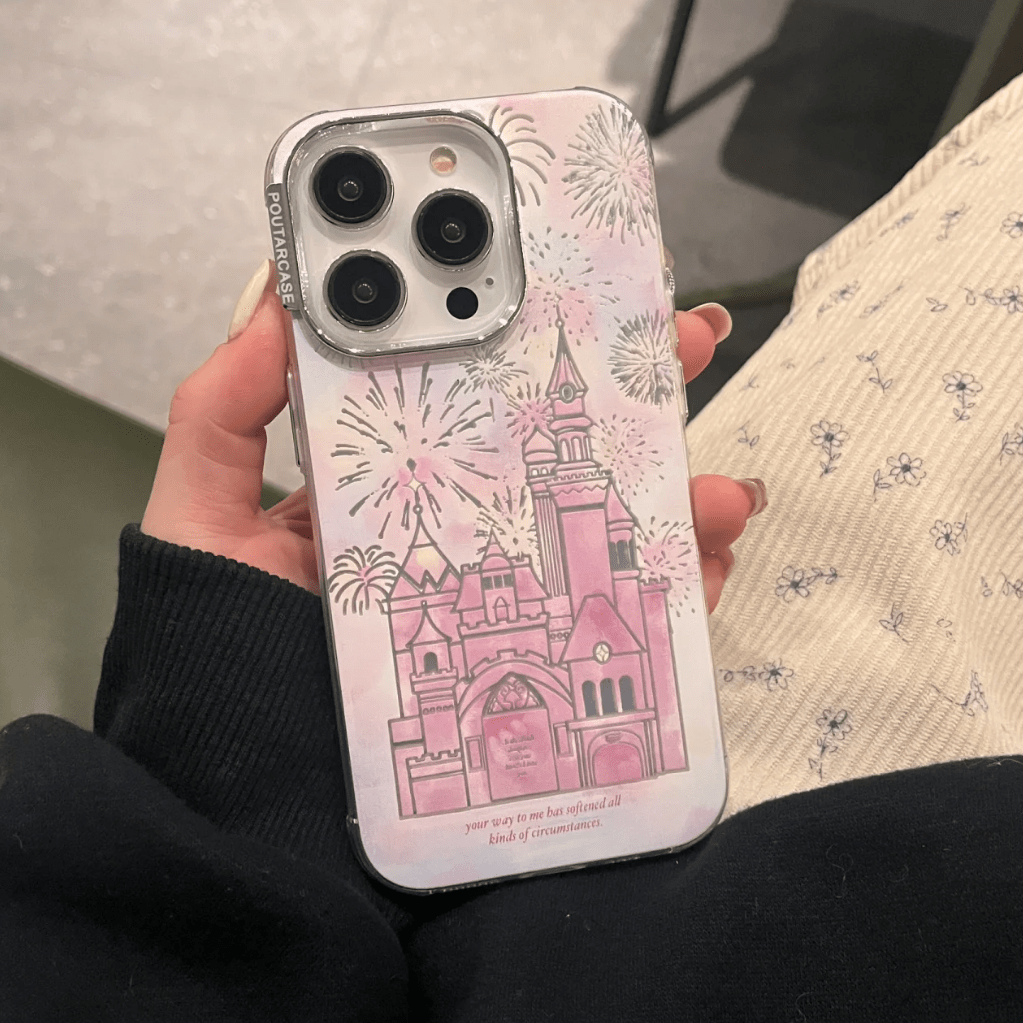 Coque iPhone Château Feu d'artifice dégradé rose