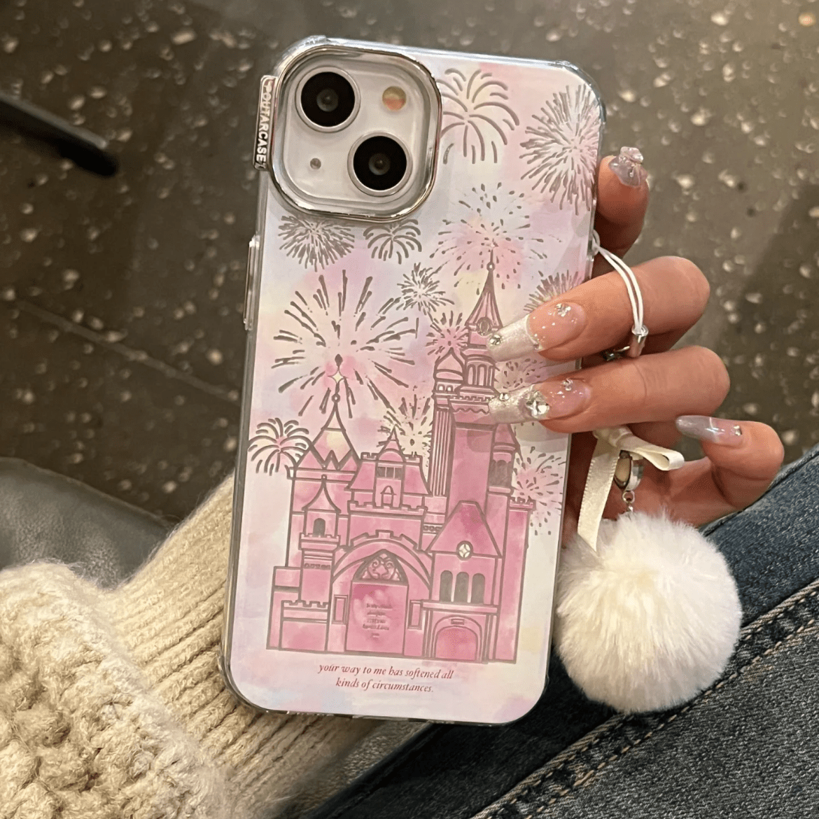 Coque iPhone Château Feu d'artifice dégradé rose