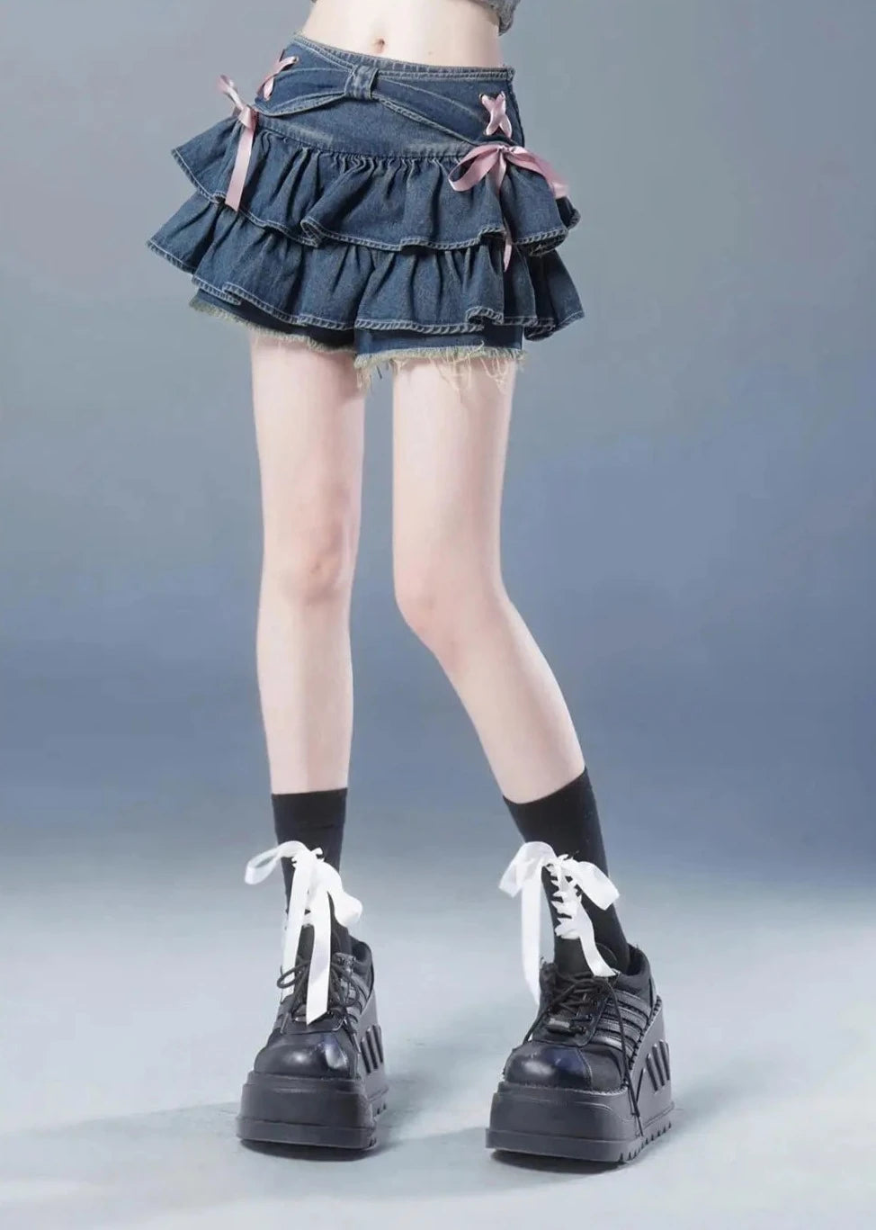 Y2k ruffled denim mini skirt - blue - bows - coquette - denim - kawaii