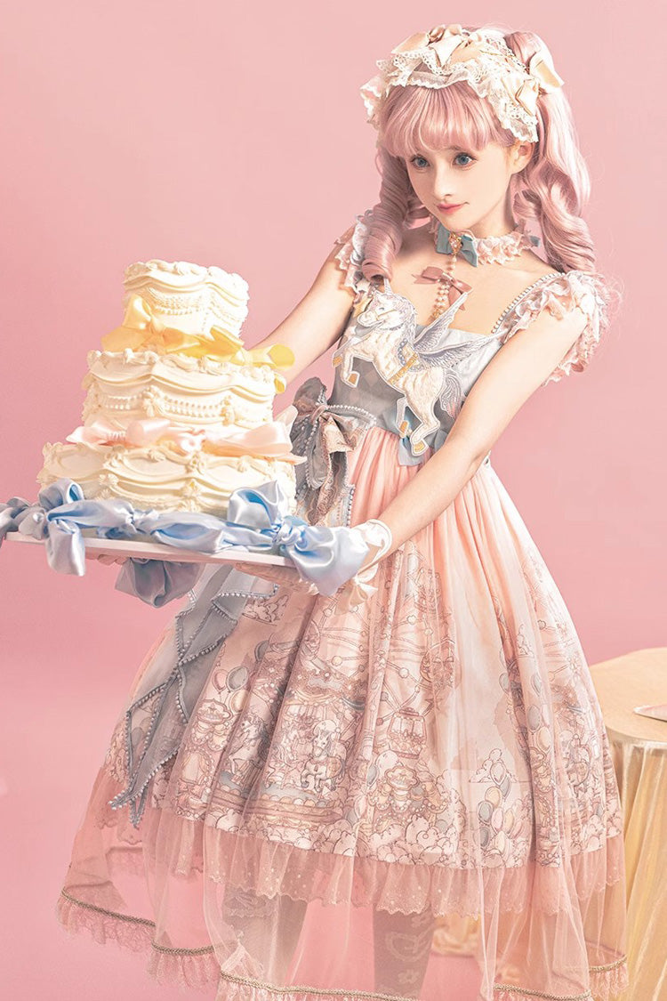 Pink Cloud Paradise Embroidered Ruffle Bow Lace Lolita JSK