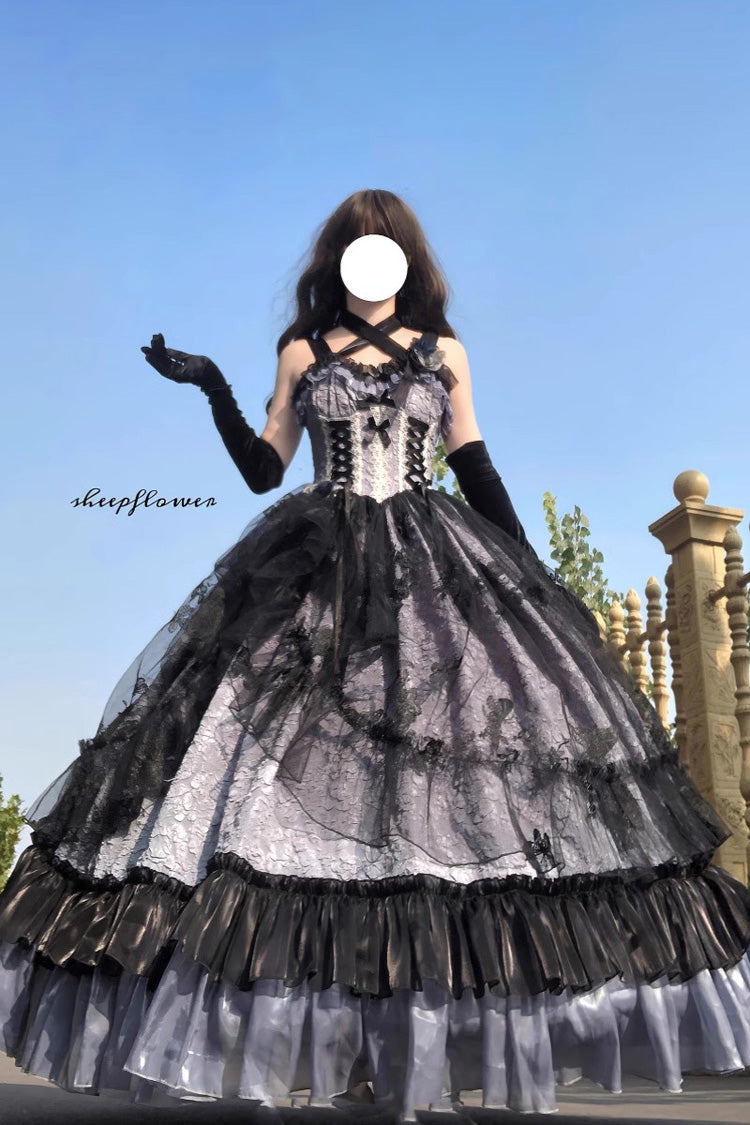 Gothic Lolita JSK Dress with Witch Print and Lace Ruffles - Medea Kiss - Dual Hues