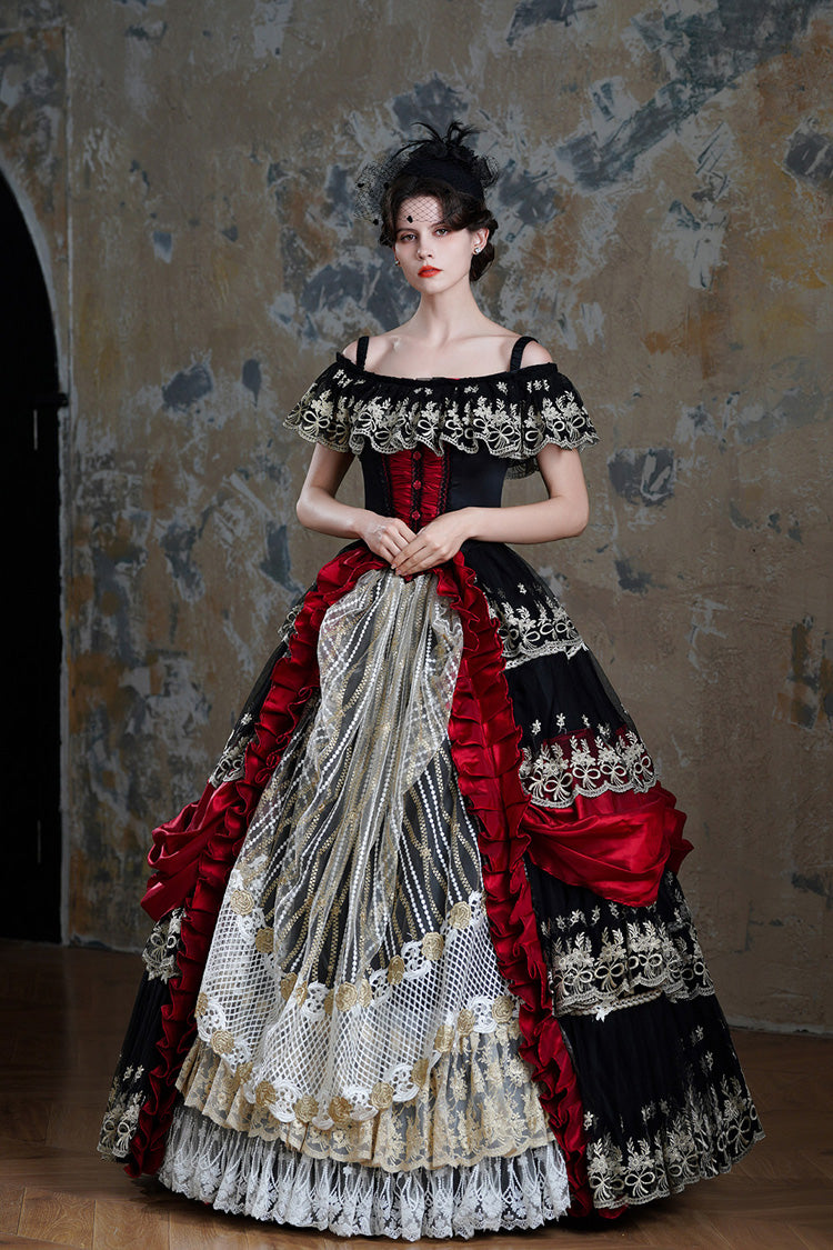 Crimson & Noir Off-Shoulder Short Sleeve Ruffled Mesh Victorian Lolita Palace Dress
