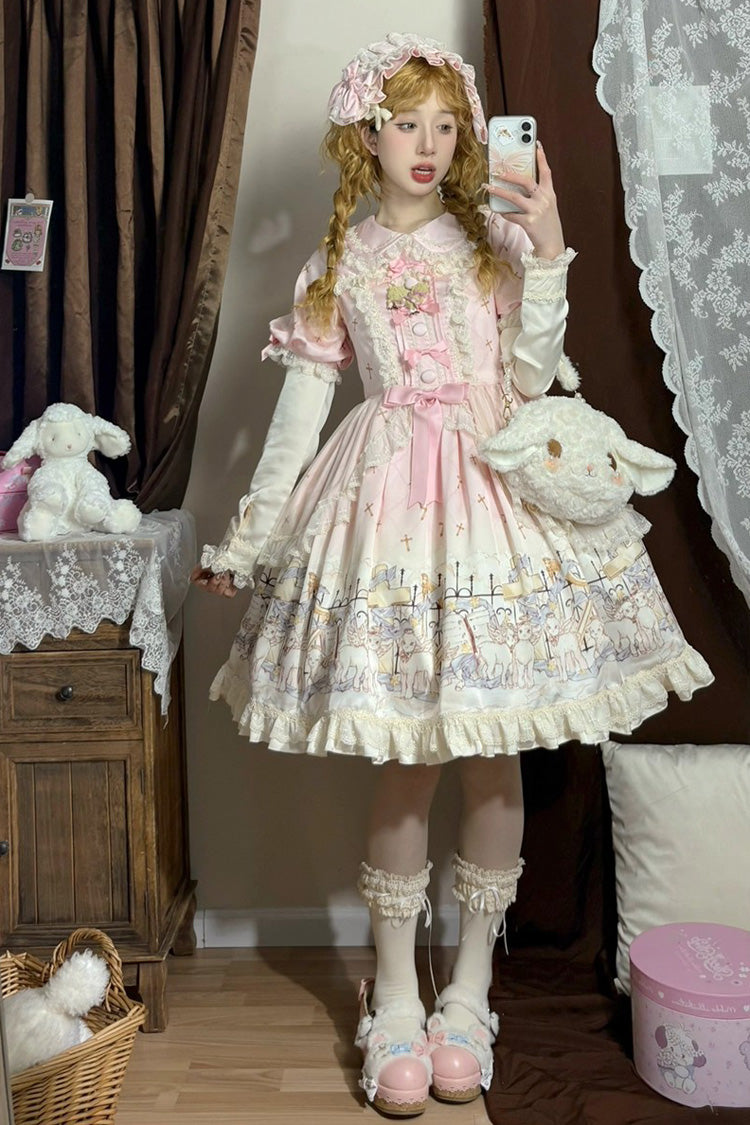Angel Lamb Lapel Collar Short Sleeves Printed Ruffled Bow, Sweet Lolita Dress