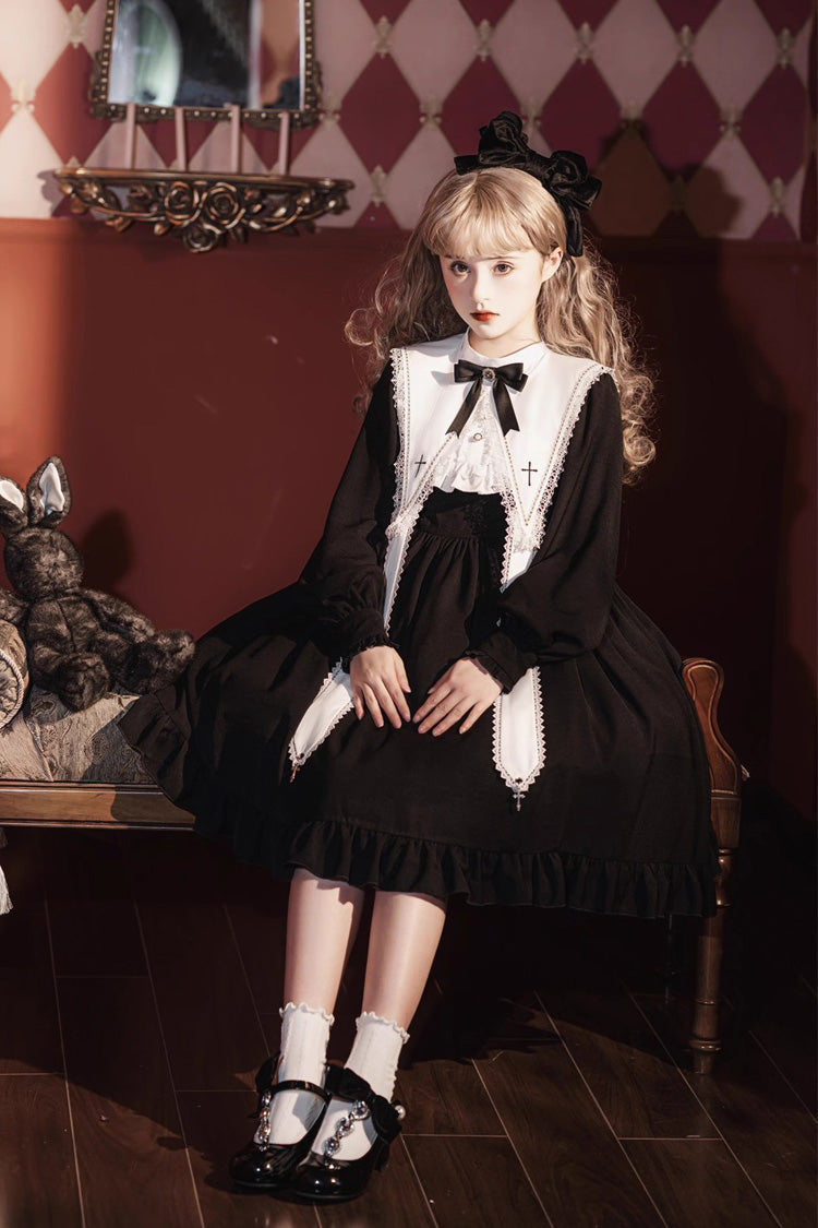 Elegant Nun-Inspired Gothic Dress with Ruffled Bow and Lace, Long Sleeves