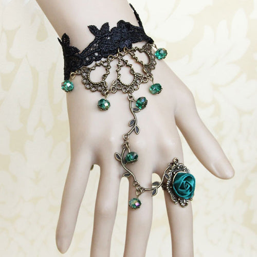 Gothic Lolita Bracelet and Ring Set with Green Beads and Lace