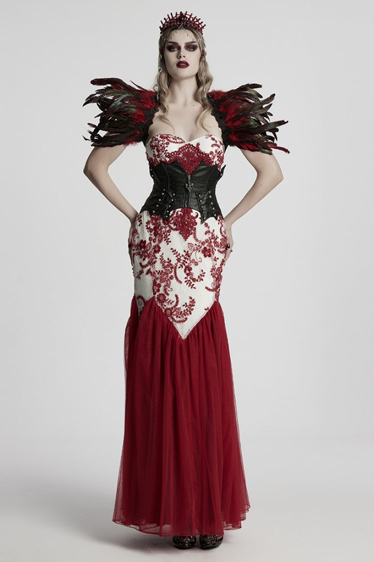 Crimson Fishtail Gown with Embroidered Lace and Slim Silhouette
