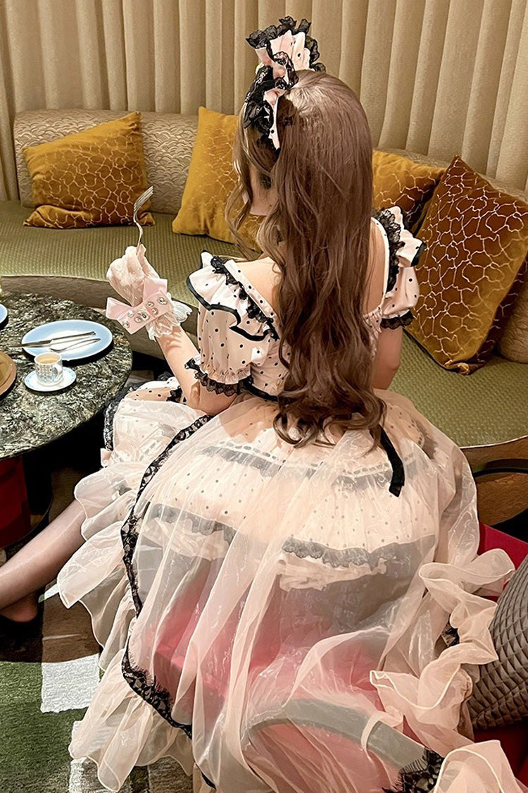 Apprentice Cupid Halterneck Short Sleeves Print Ruffle Bowknot Lace, Maid Sweet Lolita