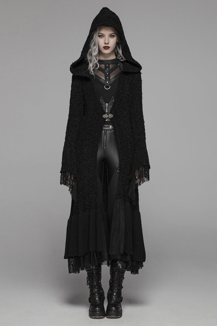 Layered Lace Gothic Long Coat with Hood, Women's Multi-Tier Design
