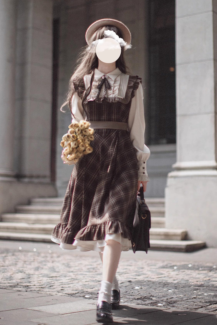 Vintage College Style Lolita Dress with Ruffle Sleeves and Print