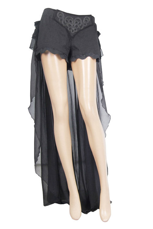 Gothic Short Women's Pants with Back Front Buckle Waist, Lace Up, Chiffon Lace Hem