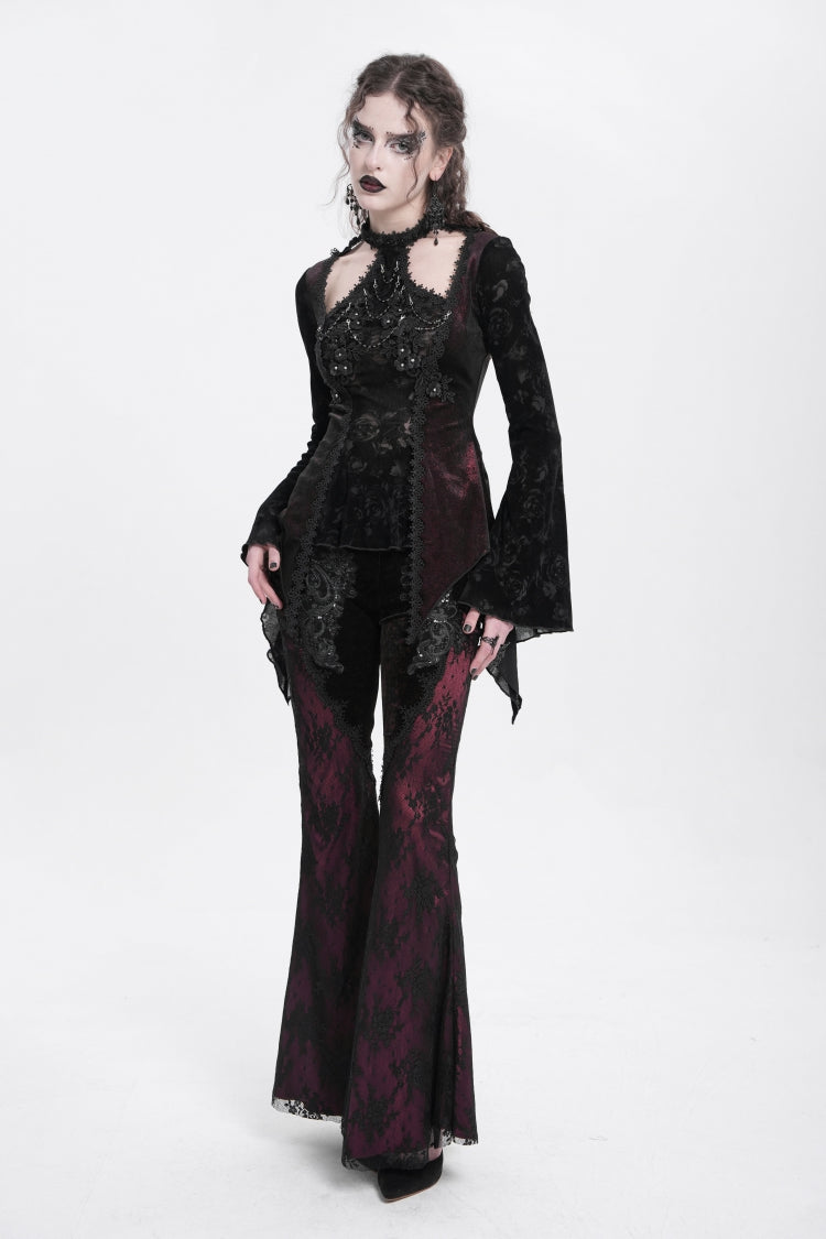 Crimson Gothic Blouse with Jacquard Cutout and Trumpet Sleeves