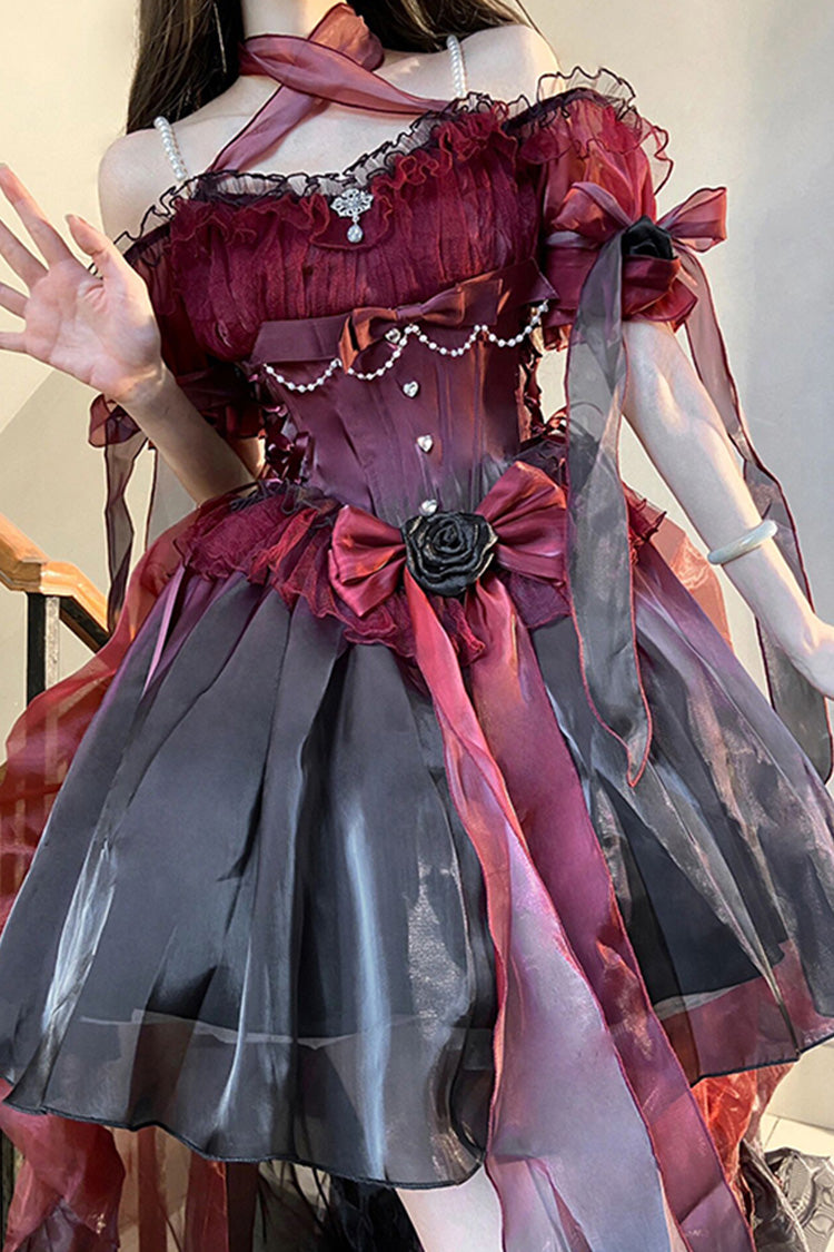 Burgundy Midsummer Dream Short Sleeve Ruffle Hanayome Off-Shoulder Gothic Mini Lolita Dress