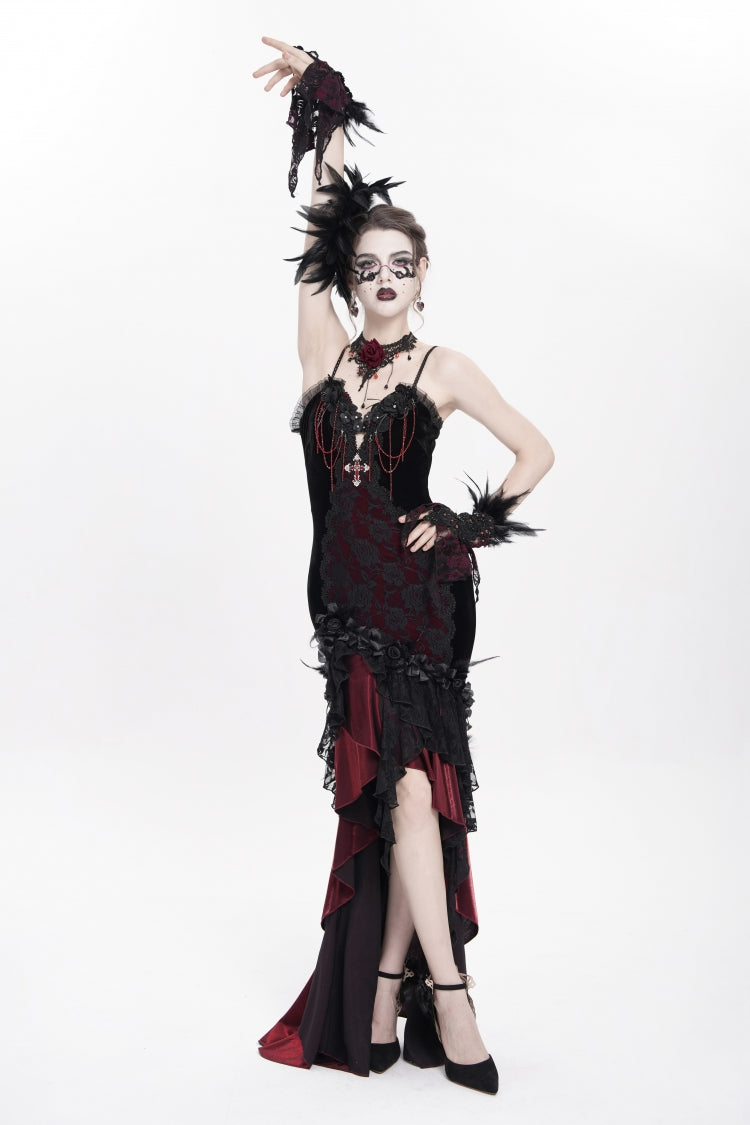 Crimson Gothic JSK with Embroidered Lace and Sleeveless Bardot Neckline