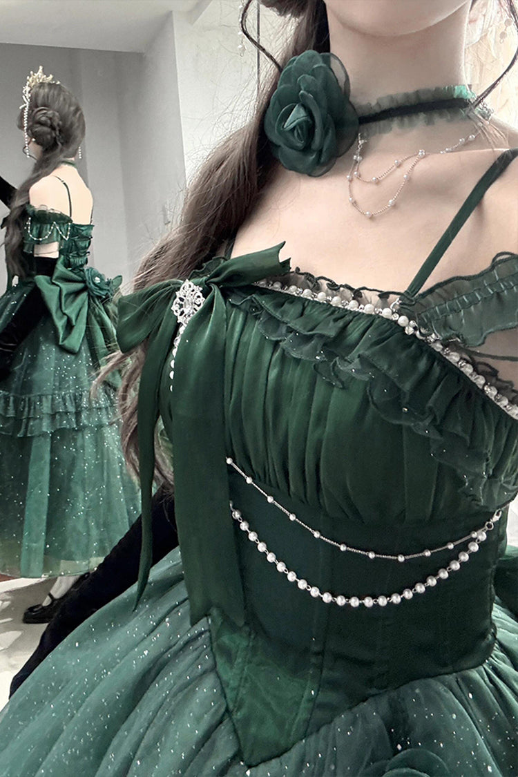Emerald Bright Stars Off Shoulder Ruffle Bow Asymmetric Elegant Princess Lolita Gown