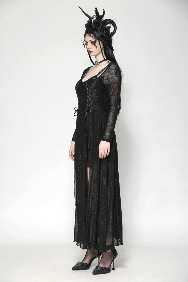 Elegant Witch Long Dress with Spiderweb Lace-Up and Extended Sleeves