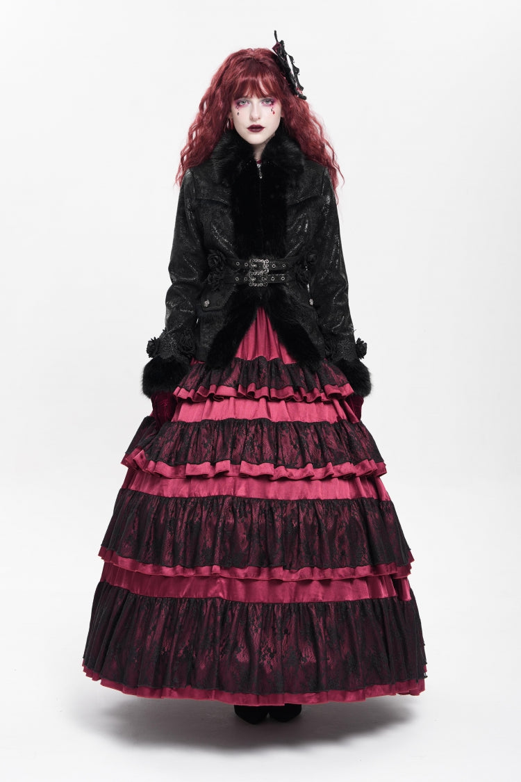 Victorian Gothic Coat with Rose Floral Embroidery and Buckle Straps, Long Sleeve