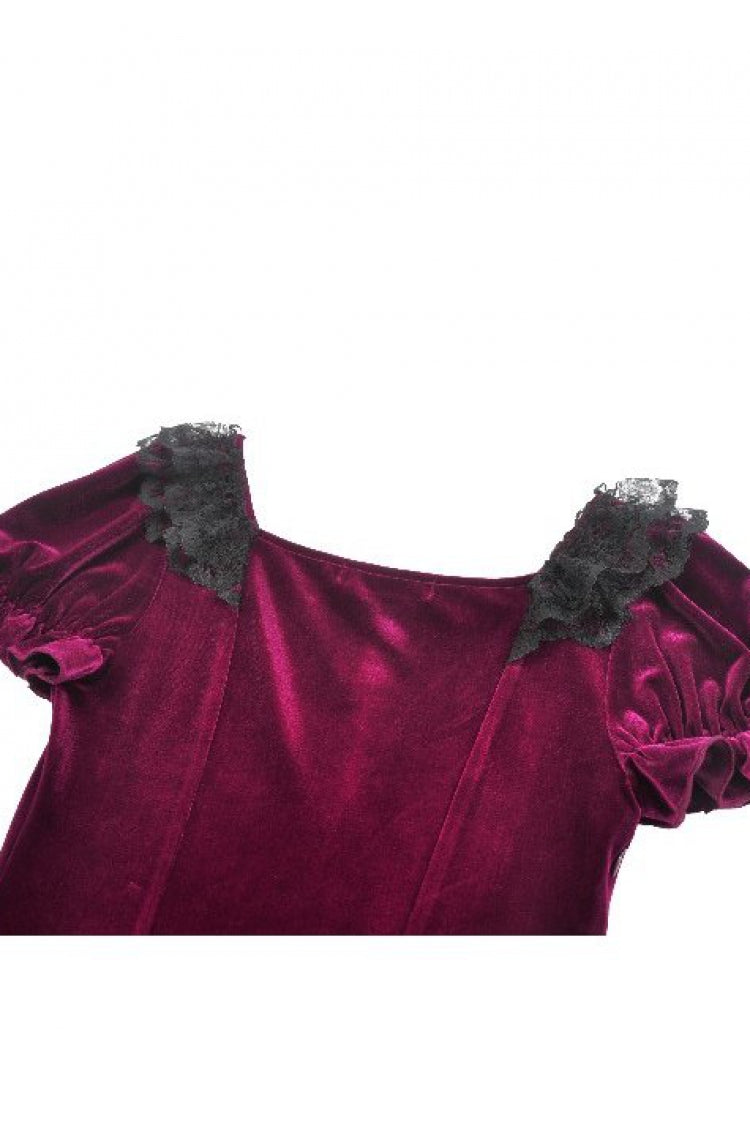 Burgundy Square Collar Short Puff Sleeve Velvet Patchwork Lace Lace-Up Gothic Dress