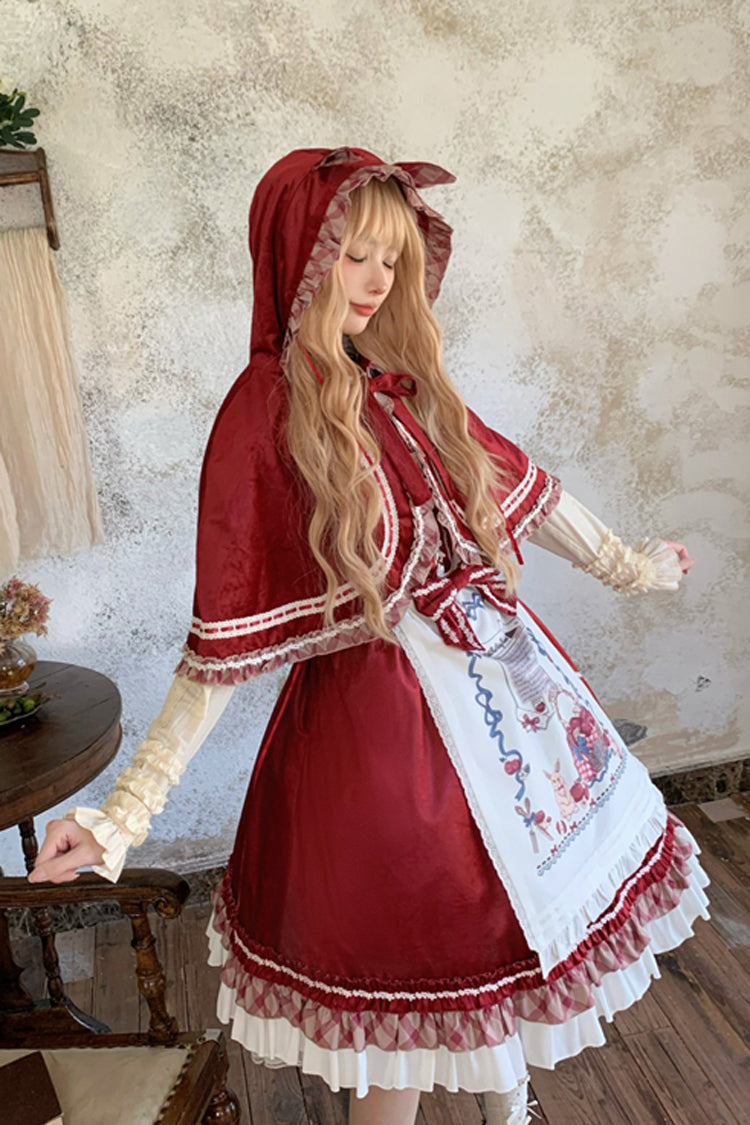Burgundy Little Red Riding Hood Ruffle Bow Sweet Lolita Jumper Dress