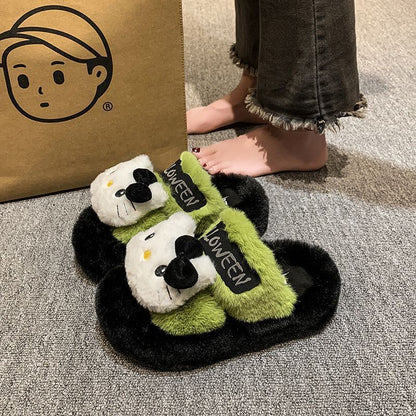 Chaussons en peluche à motif de chat vert de dessin animé KI642